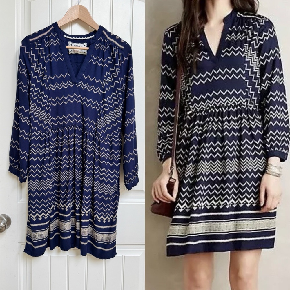 Anthropologie Holding Horses Blue and Tan Ric Rac Dress. Size M